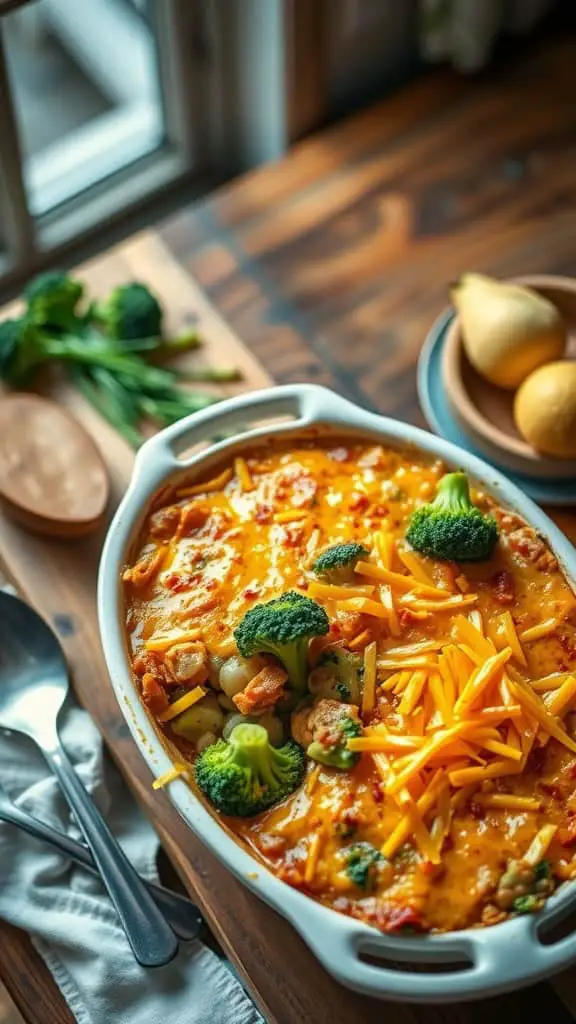 Cheesy Broccoli Tuna Casserole in a baking dish with broccoli and cheddar cheese.