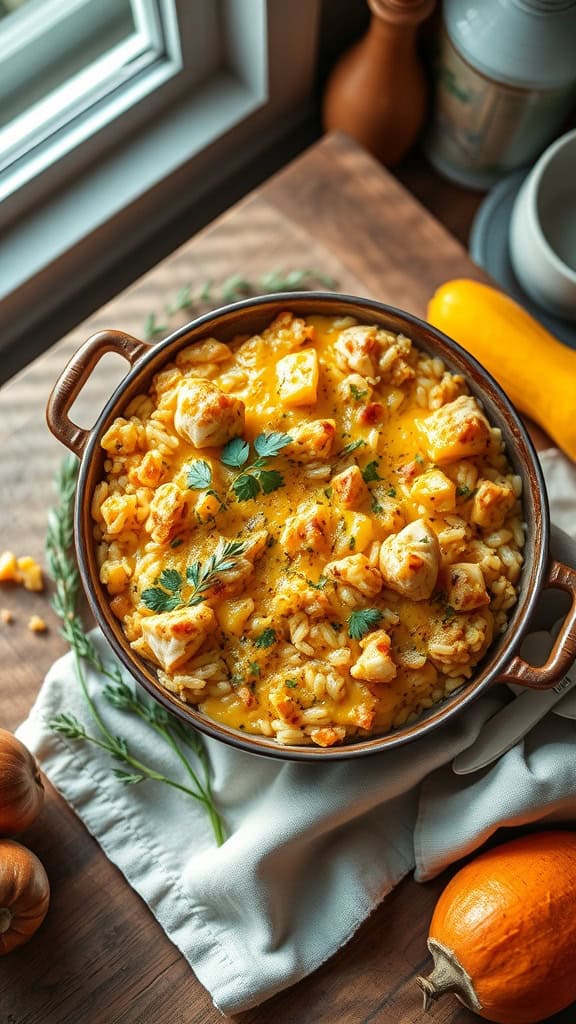 A delicious Cheesy Chicken and Rice Squash Casserole served in a bowl