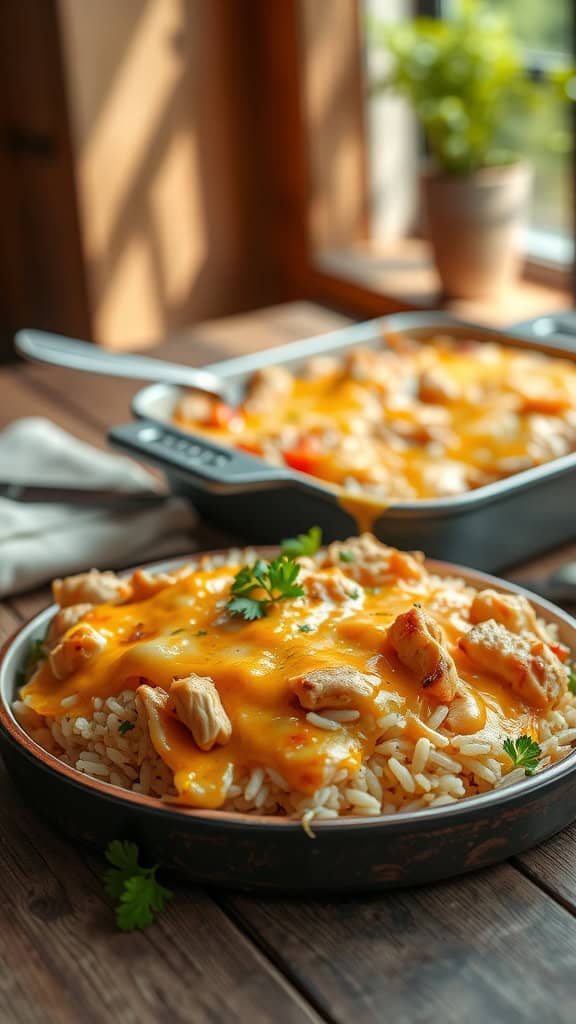 A comforting cheesy chicken casserole served over rice with melted cheese on top.