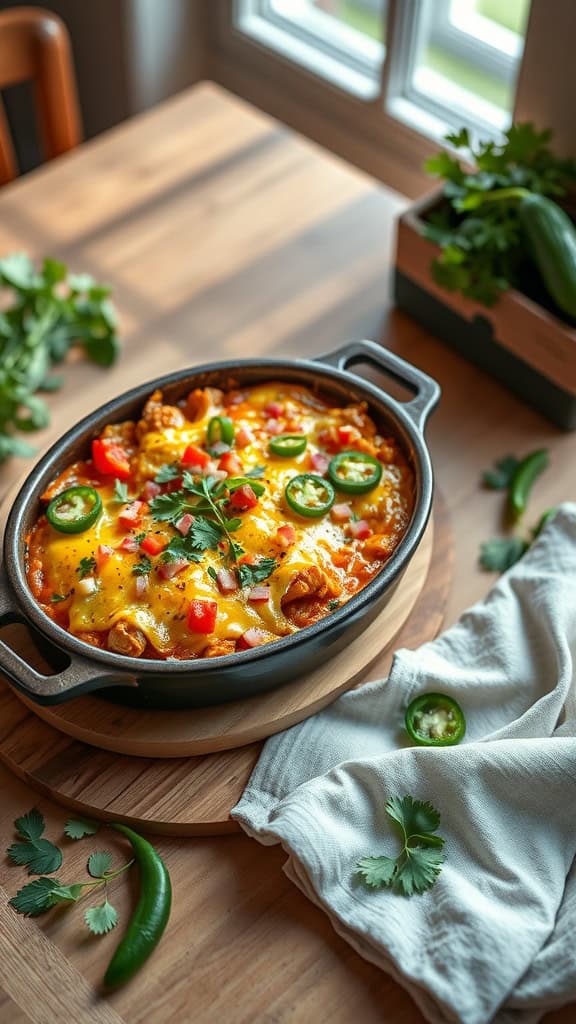 Cheesy Chicken Enchilada Casserole with toppings