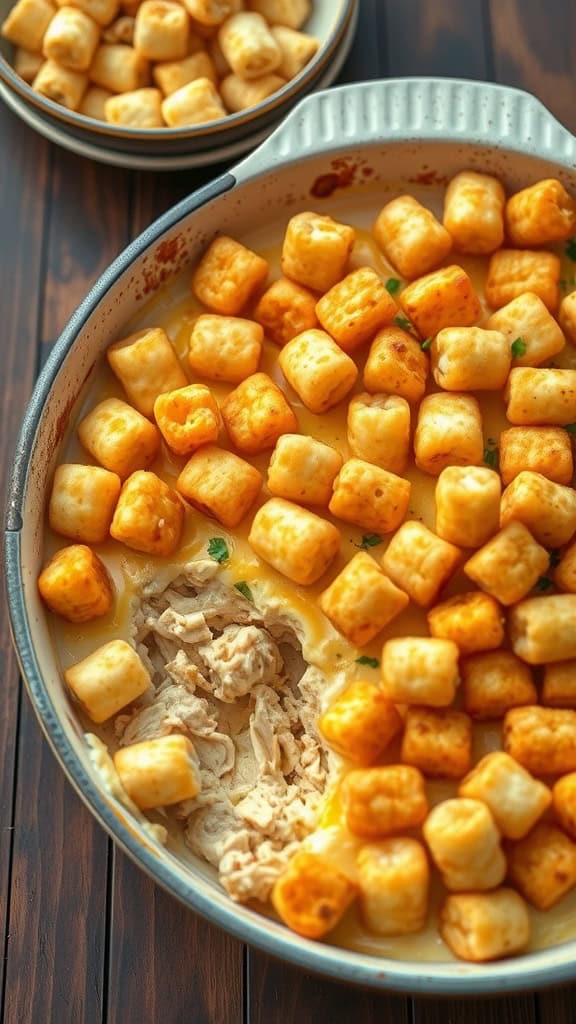 Cheesy Chicken Tater Tot Bake topped with crispy tater tots and garnished with green onions