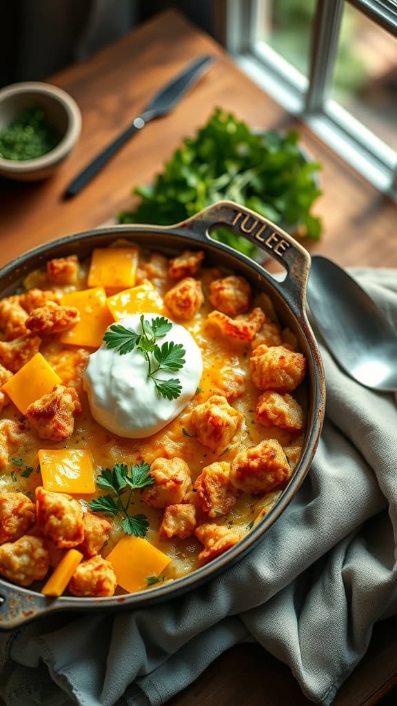 A hearty Cheesy Easy Potato Casserole topped with sour cream and parsley.