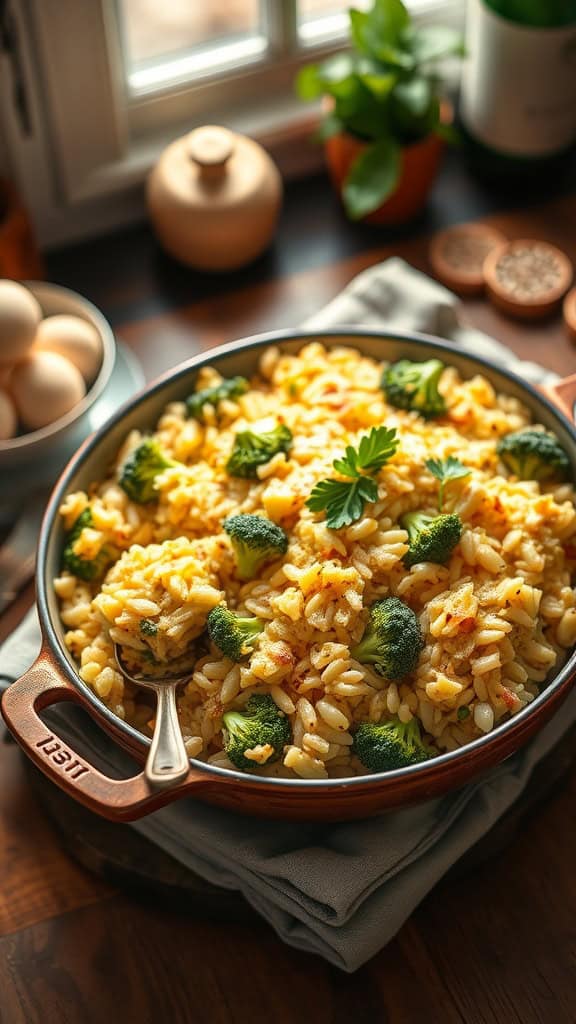 A creamy broccoli rice casserole with cheese and garlic, garnished with parsley.