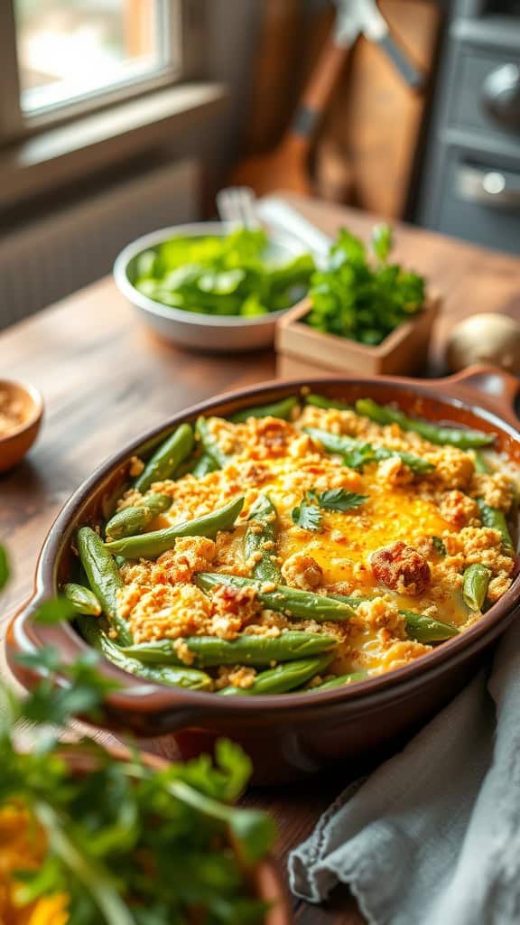 Cheesy Green Bean Bake with cheddar cheese and breadcrumbs