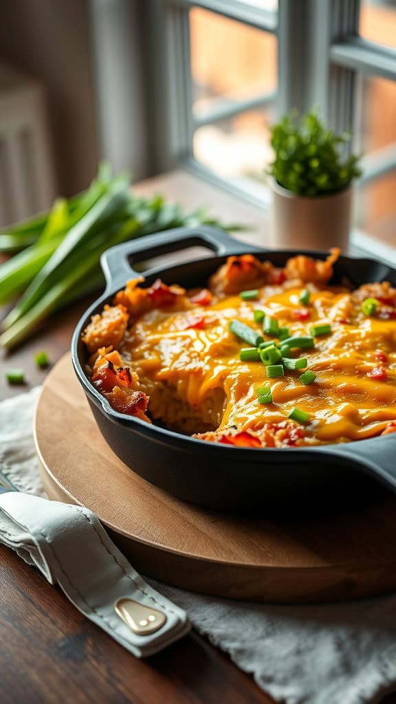 Cheesy Hash Brown Breakfast Bake with green onions garnished on top