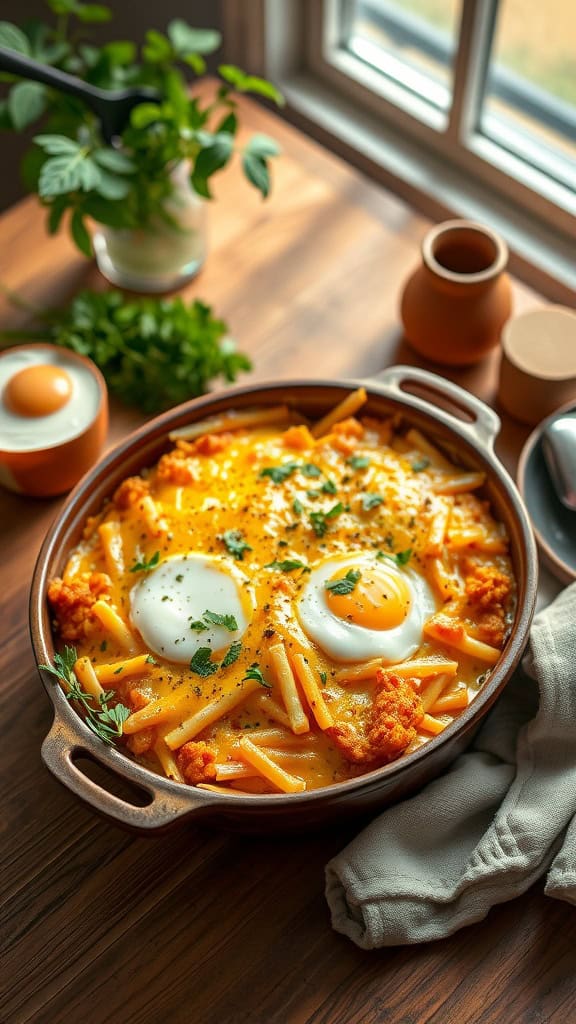 A delicious cheesy hash brown casserole dish with eggs and herbs