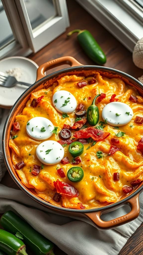 A delicious cheesy jalapeño popper casserole with hashbrowns, topped with eggs and bacon.