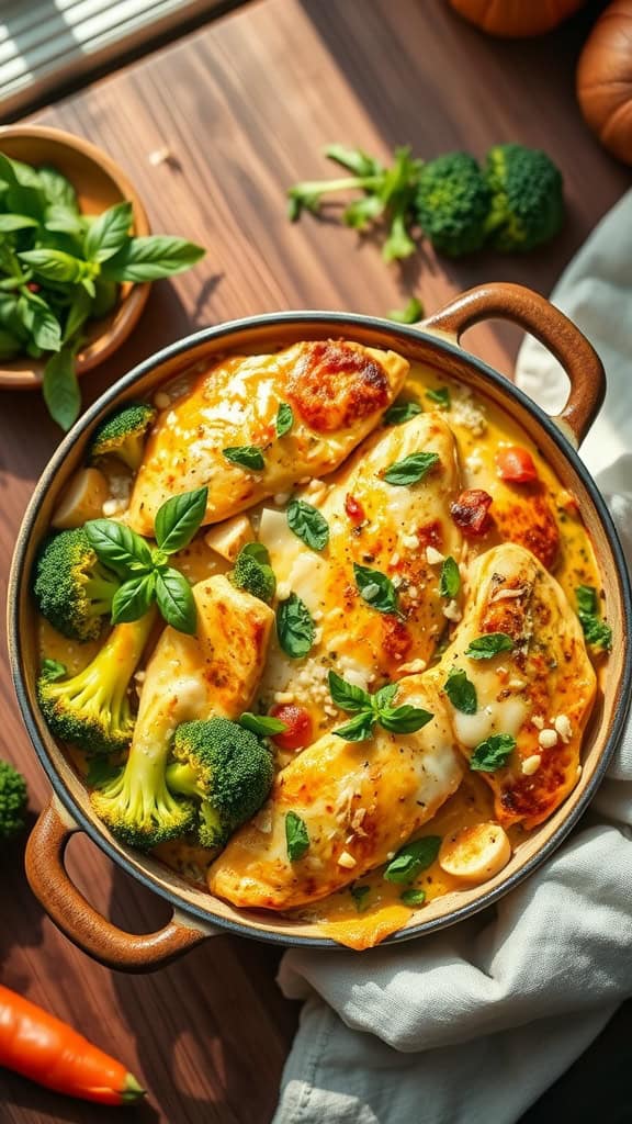 Cheesy Pesto Chicken Broccoli Casserole with mozzarella and parmesan