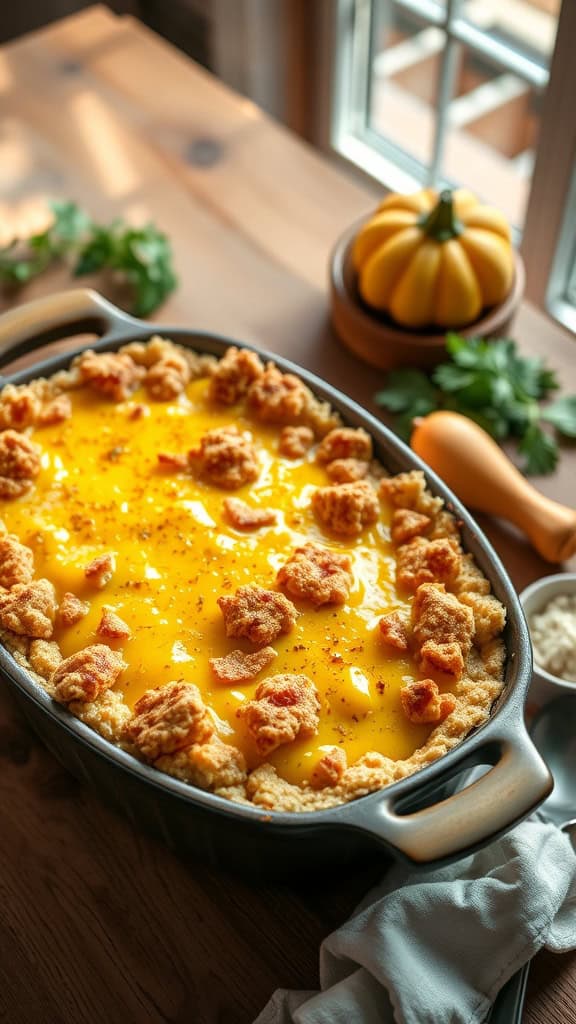 A delicious cheesy squash casserole topped with a buttery cracker crust.