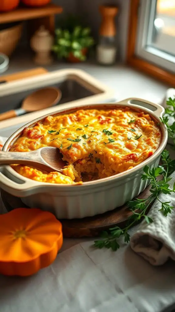 Cheesy Squash Cornbread Casserole in a baking dish