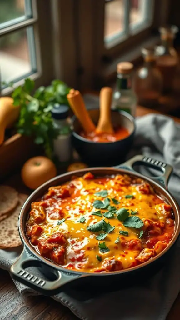 A cheesy squash enchilada casserole topped with fresh herbs, served in a baking dish.