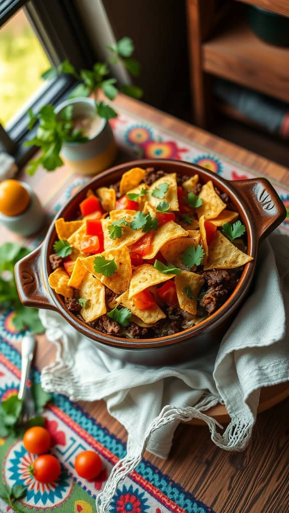 A delicious Cheesy Taco Hamburger Casserole topped with tortilla chips and fresh vegetables.