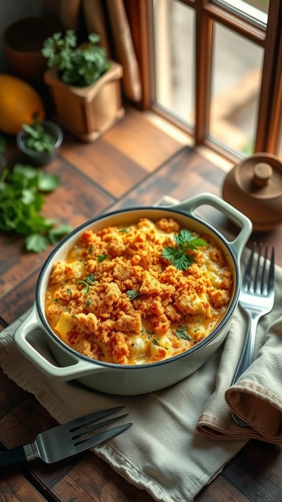 A delicious Cheesy Tuna Dinner Casserole with a golden breadcrumb topping.