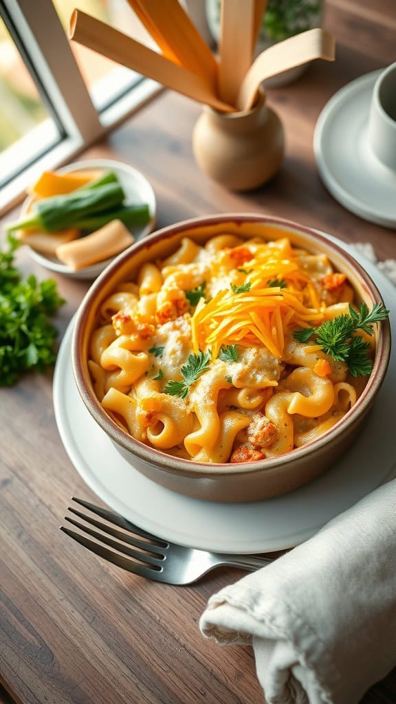 Cheesy Tuna Noodle Casserole with sharp cheddar and corn flakes topping.