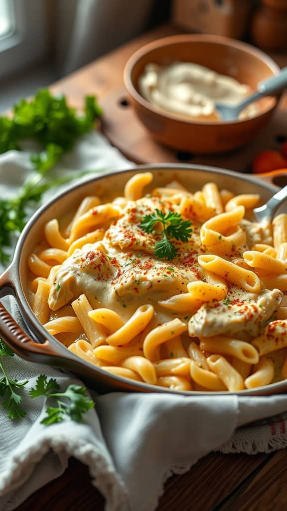 A comforting Chicken Alfredo Casserole with pasta and creamy sauce.