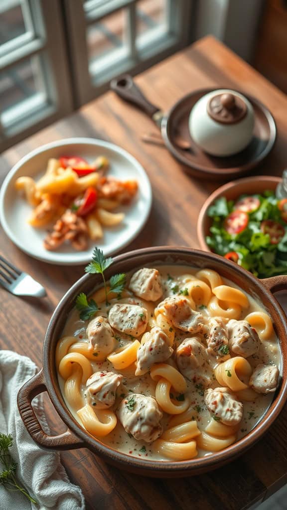 Creamy Chicken Alfredo Casserole with pasta and herbs