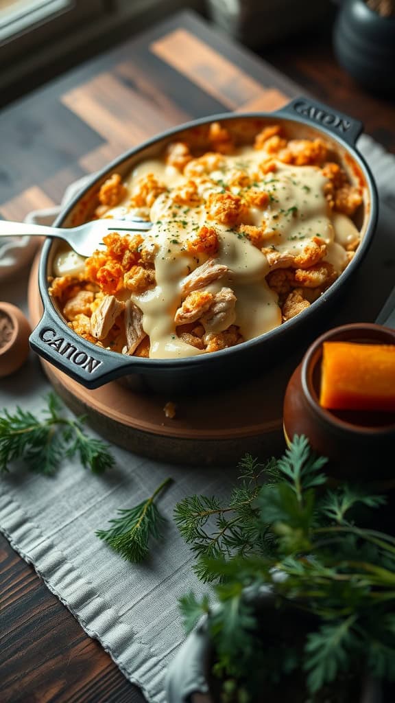 A delicious Chicken Alfredo Hashbrown Casserole topped with creamy sauce and cheese.