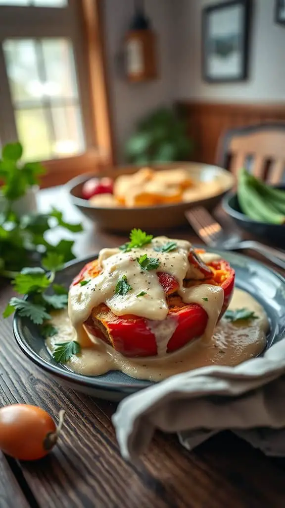 Chicken Alfredo stuffed pepper casserole on a plate