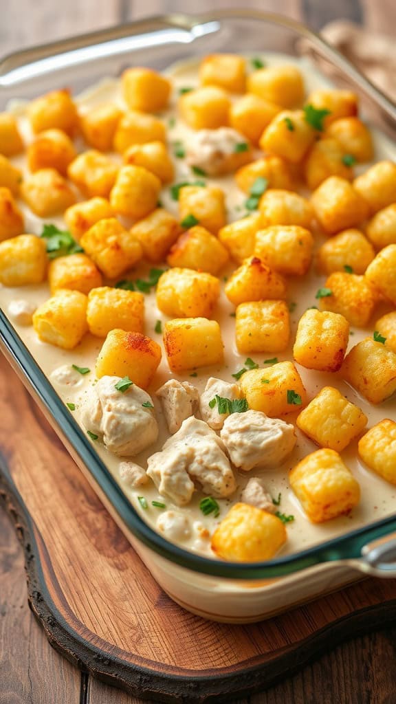 A creamy Chicken Alfredo Tater Tot Casserole topped with golden-brown tater tots.