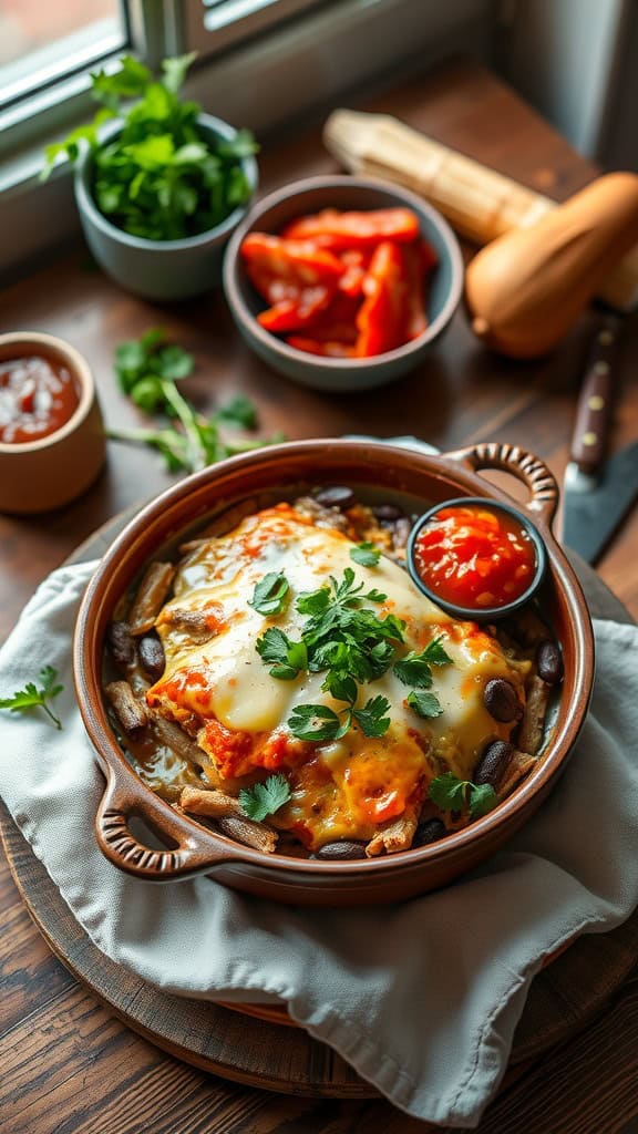 Hearty Chicken and Black Bean Enchilada Casserole with toppings