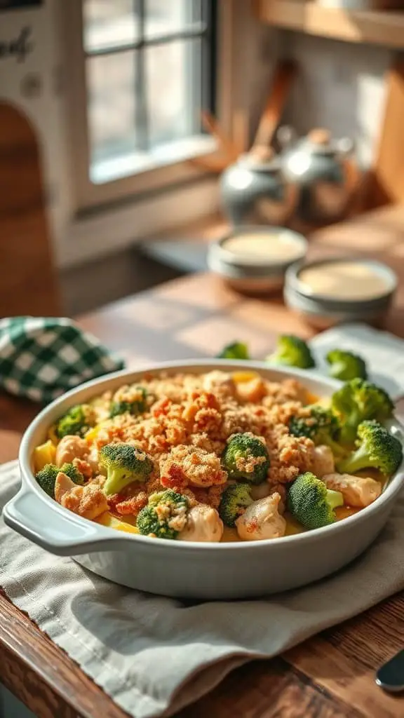 A delicious Chicken and Broccoli Casserole with a golden topping