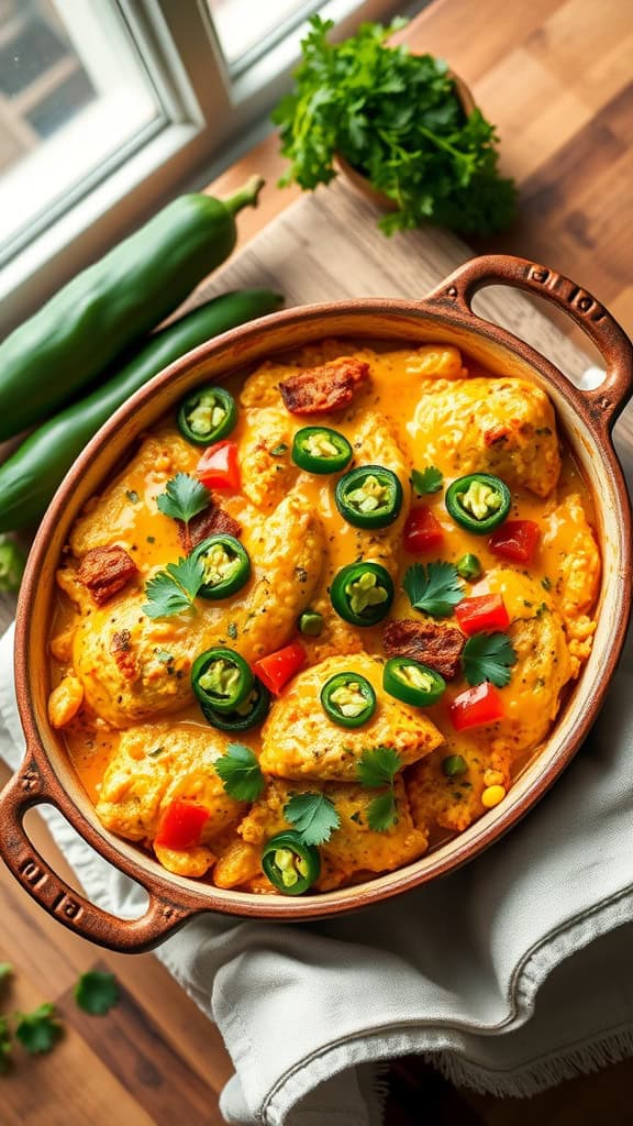 A delicious Chicken and Cornbread Casserole with toppings and spices