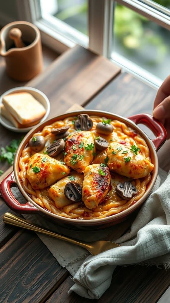 A comforting chicken and mushroom casserole baked with gooey cheese.