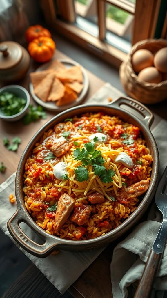 A chicken and rice enchilada casserole topped with cheese and cilantro