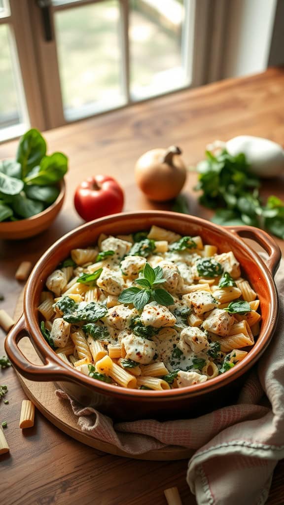 A delicious chicken and spinach pasta casserole topped with melted cheese.