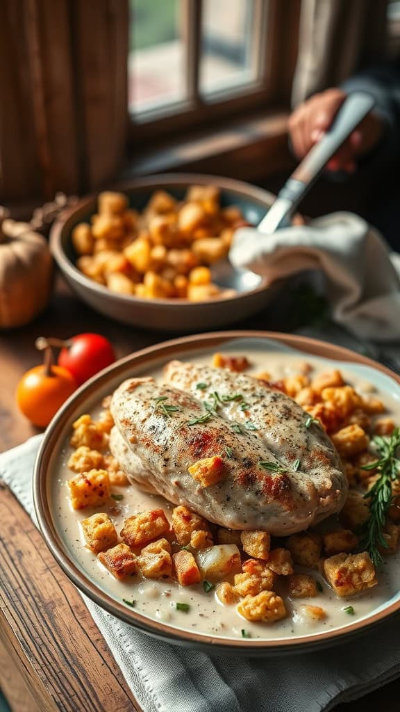 Chicken and stuffing casserole served with a creamy sauce and garnished with herbs