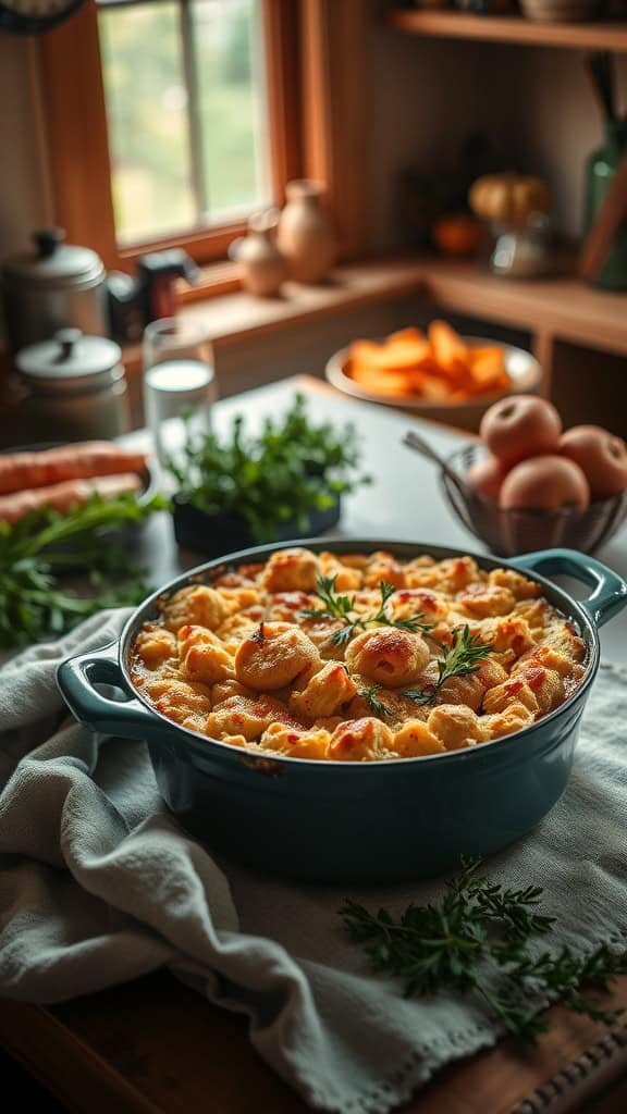 A delicious chicken and stuffing pot pie casserole served in a blue dish.