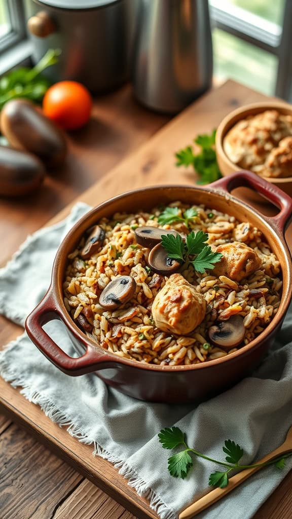 A delicious chicken and wild rice casserole with mushrooms and garnished with parsley.