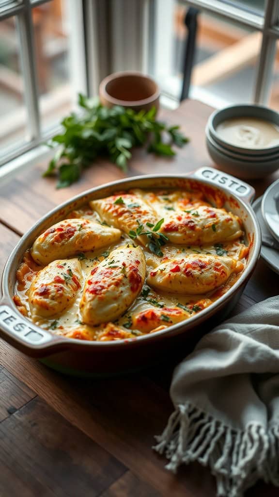 A delicious chicken and zucchini casserole with melted cheese on top.