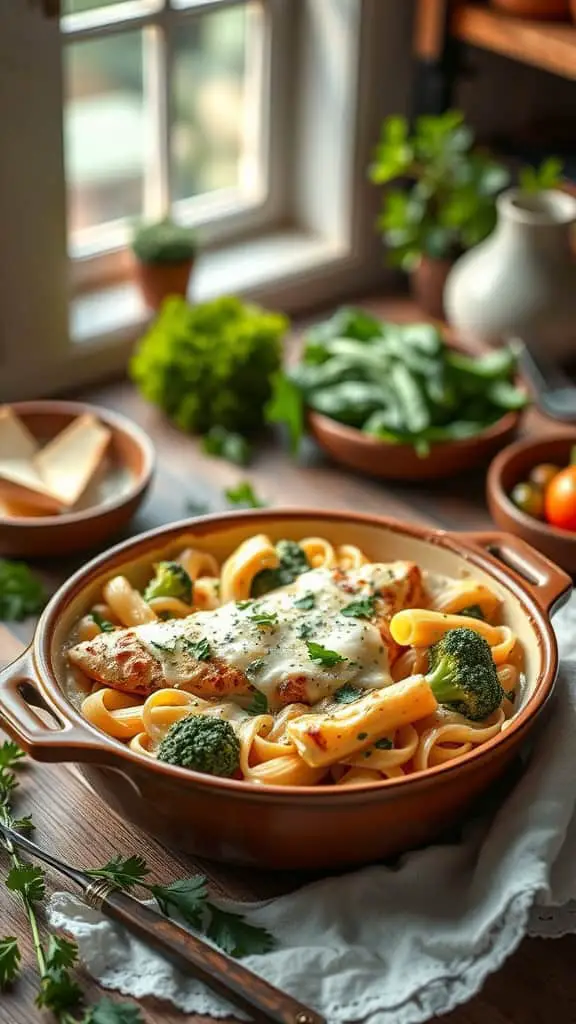 A delicious Chicken Broccoli Alfredo Bake with pasta, chicken, and broccoli topped with cheese.