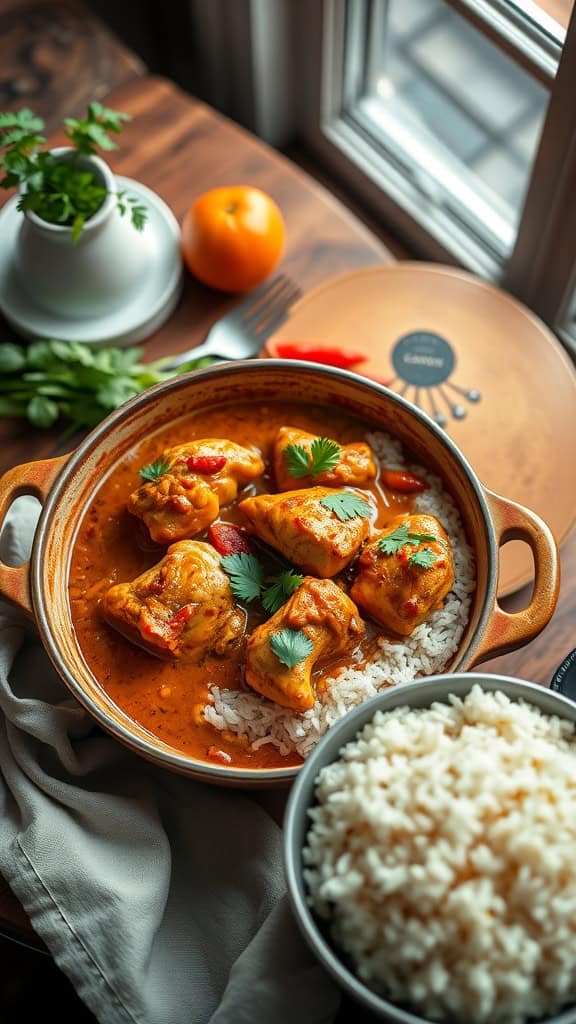 A comforting chicken curry casserole with rice, garnished with cilantro.