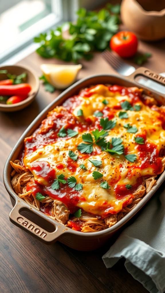 Delicious Chicken Enchilada Casserole with layers of cheese and sauce