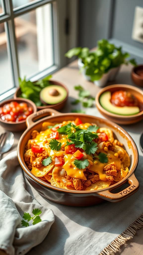 A delicious Chicken Enchilada Taco Bake with shredded chicken, tortillas, and cheese, garnished with cilantro.