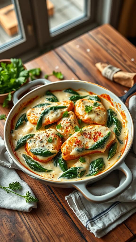 A delicious chicken florentine casserole with spinach, cream sauce, and melted cheese.