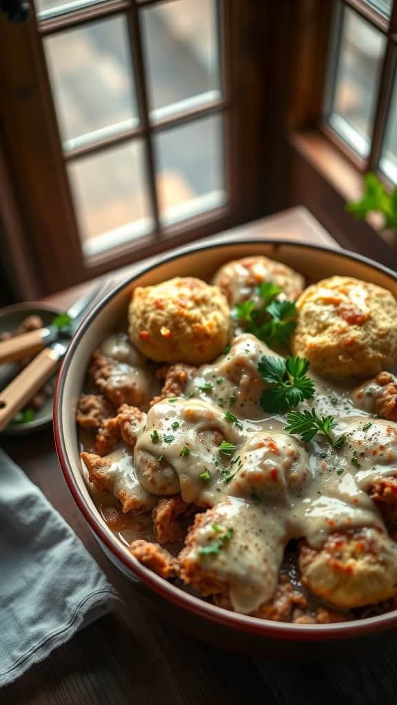 Delicious chicken fried steak gravy casserole with biscuits and cheese.