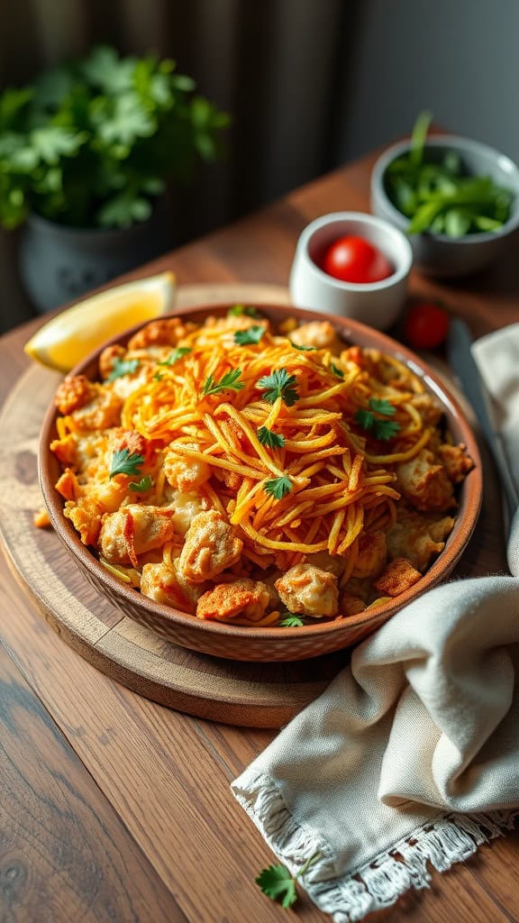 A hearty Chicken Hashbrown Casserole made with shredded chicken and crispy hashbrowns, topped with melted cheese.