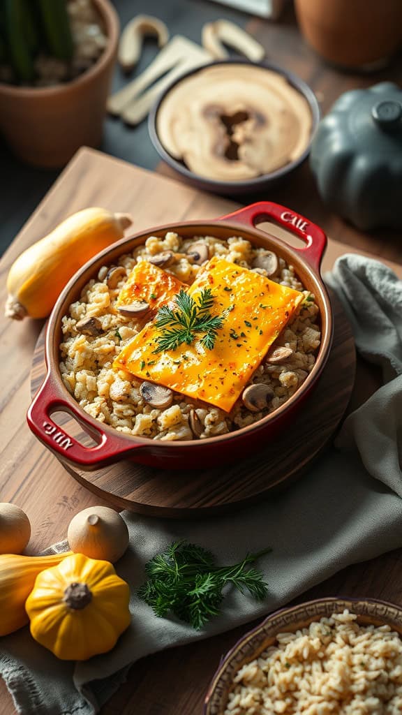 A casserole dish filled with chicken, mushrooms, and squash over rice, topped with cheese.