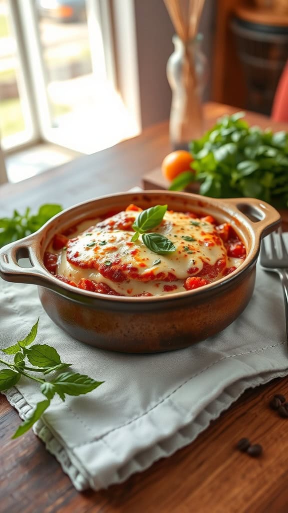 A delicious chicken parmesan casserole with mozzarella and marinara sauce.