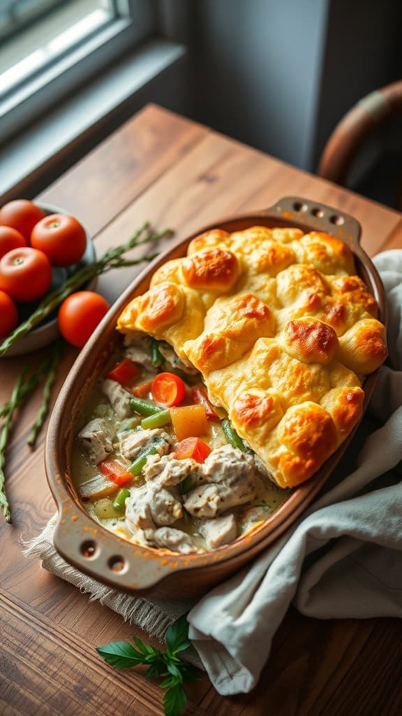 A hearty Chicken Pot Pie Casserole with a golden biscuit topping, filled with chicken and vegetables.