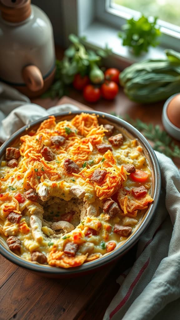 A delicious Chicken Pot Pie Hashbrown Casserole with a crispy top.