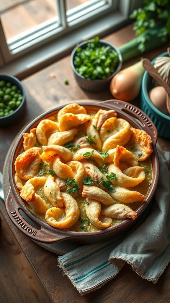 A hearty Chicken Pot Pie Noodle Casserole with noodles, chicken, and a golden crust.