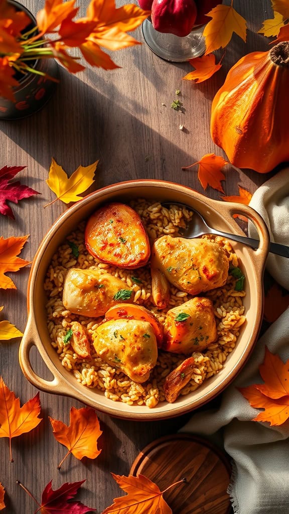 A cozy Chicken, Rice, and Butternut Squash Casserole dish.