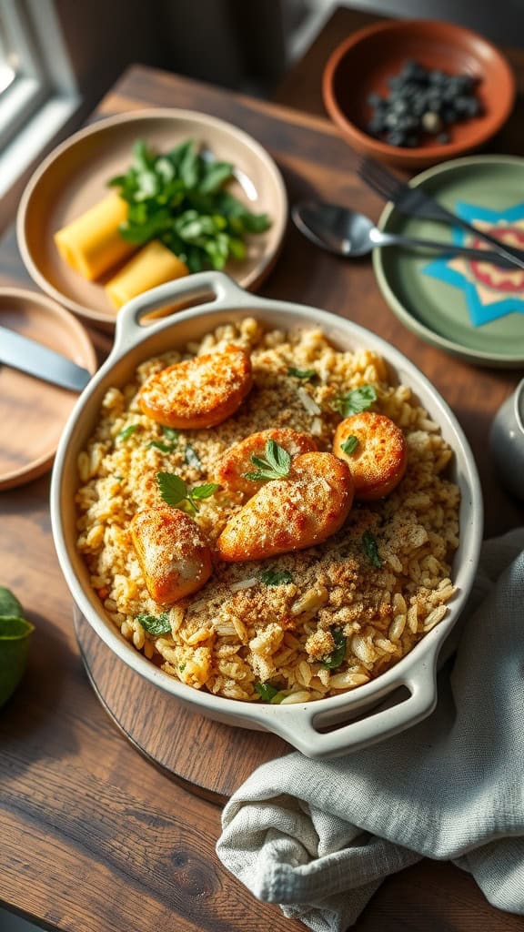 A delicious chicken and rice casserole with zucchini squash, topped with breadcrumbs.