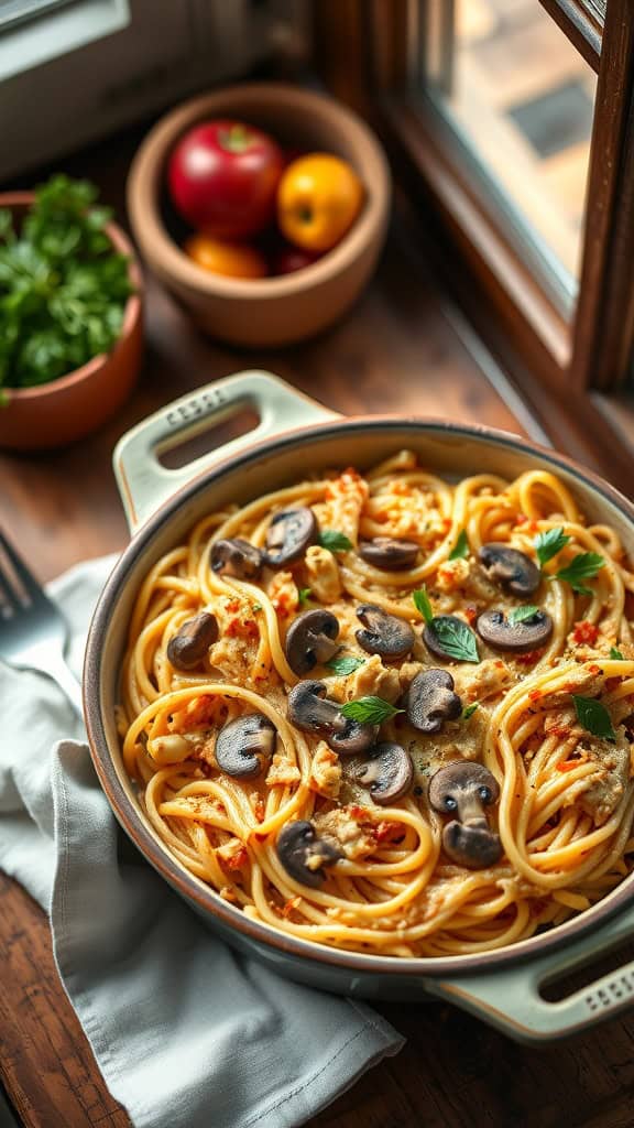 A creamy chicken tetrazzini casserole with spaghetti and mushrooms