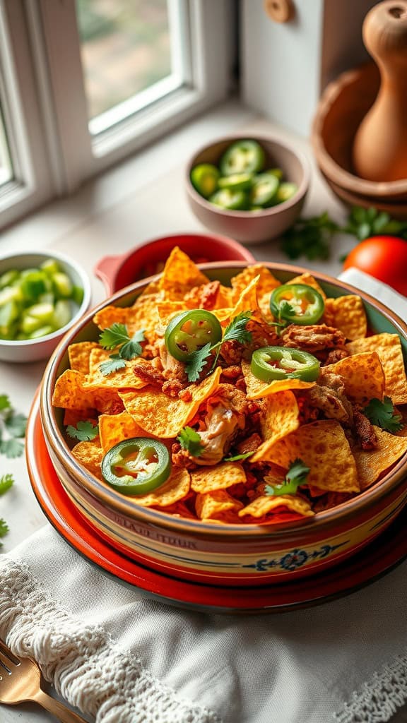 A colorful chicken tortilla casserole topped with tortilla chips, jalapeños, and fresh herbs.