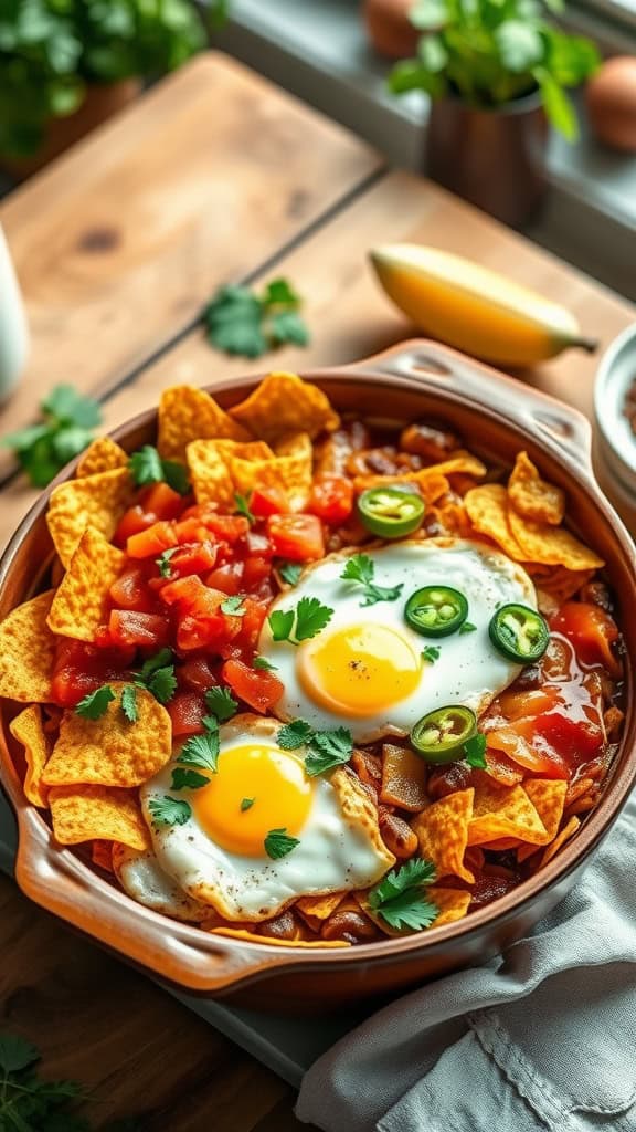 A delicious Chilaquiles Casserole with layers of tortilla chips, salsa, and eggs topped with cheese and garnished with cilantro.